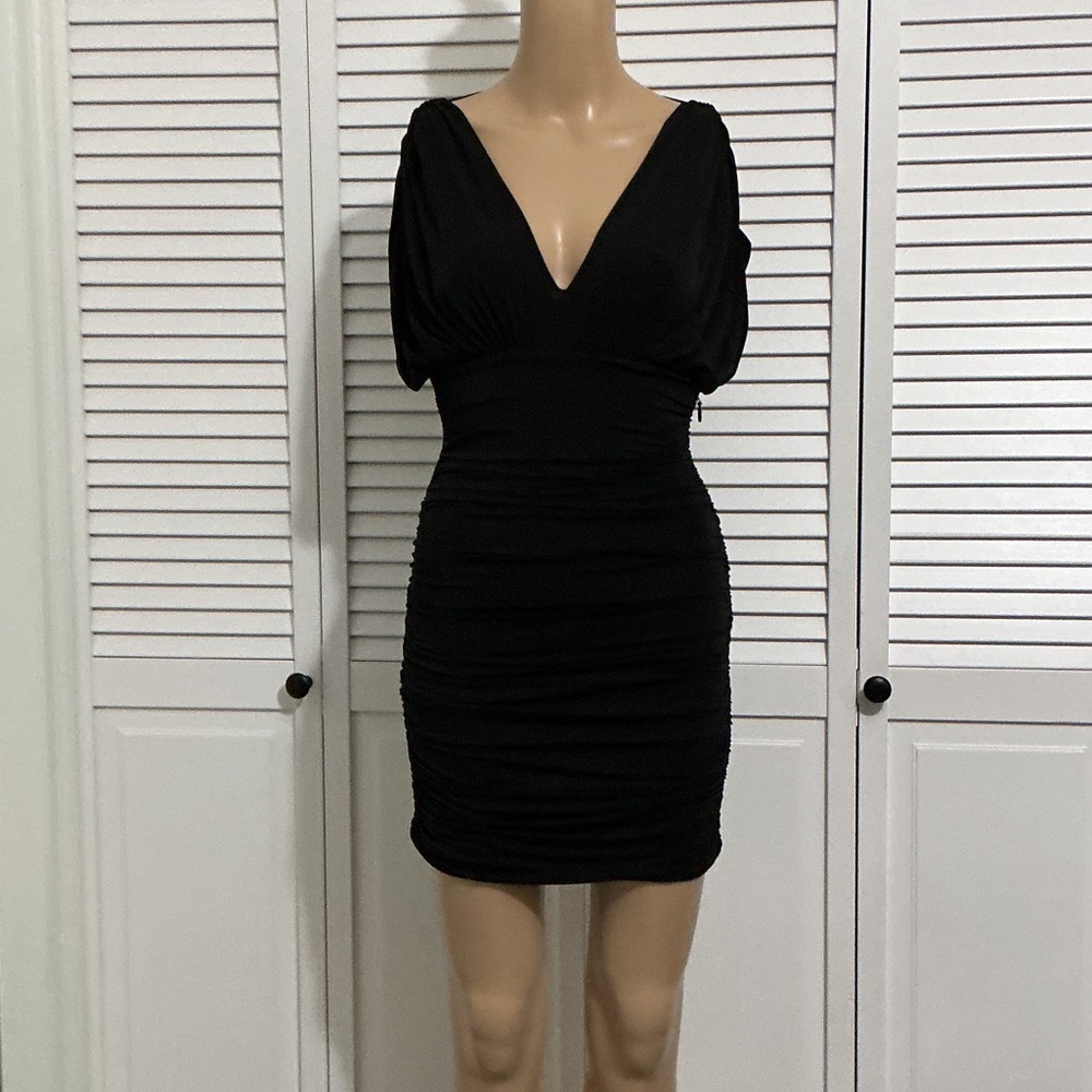 BCBGMaxAzria Black V-Neck Ruched Mini Dress